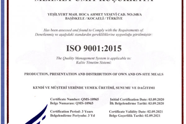 BEYAZ MUTFAK ISO 9001 KALİTE BELGESİ